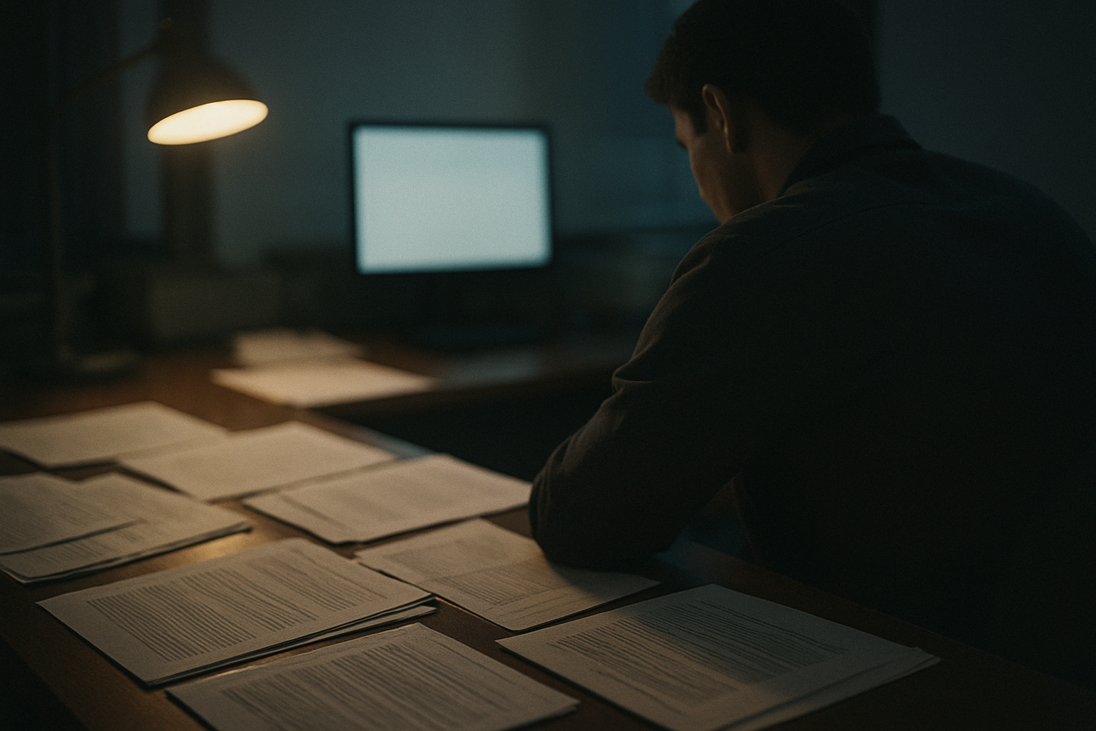 A coder reviews printed notes and denial letters at a desk under mixed warm and cool office light.