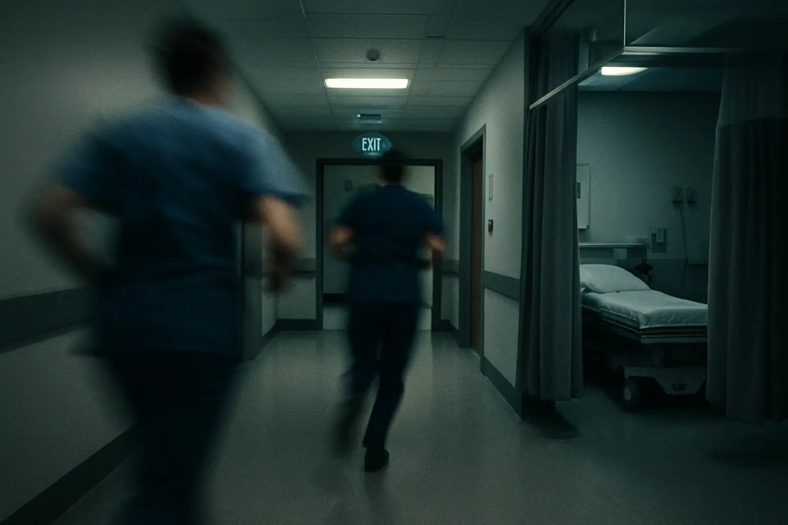Two clinicians in scrubs rush down a dim emergency department corridor at night, motion-blurred past a treatment bay