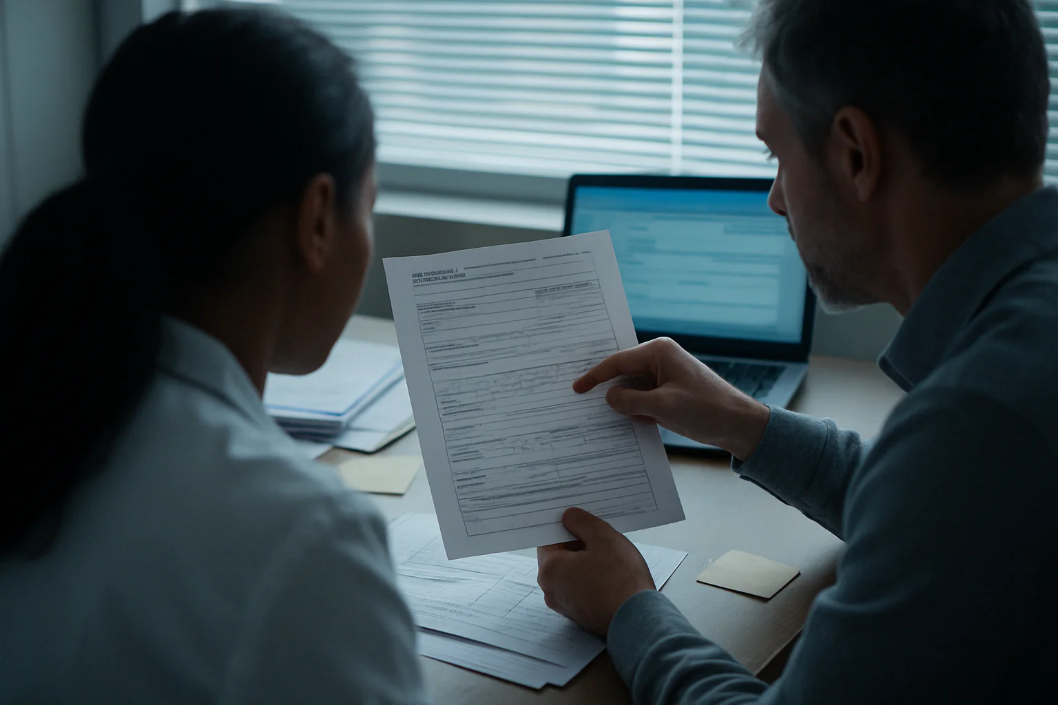 A clinician and workflow analyst review a template beside a laptop in a cool daylight office, with papers and an unreadable EMR screen in frame.