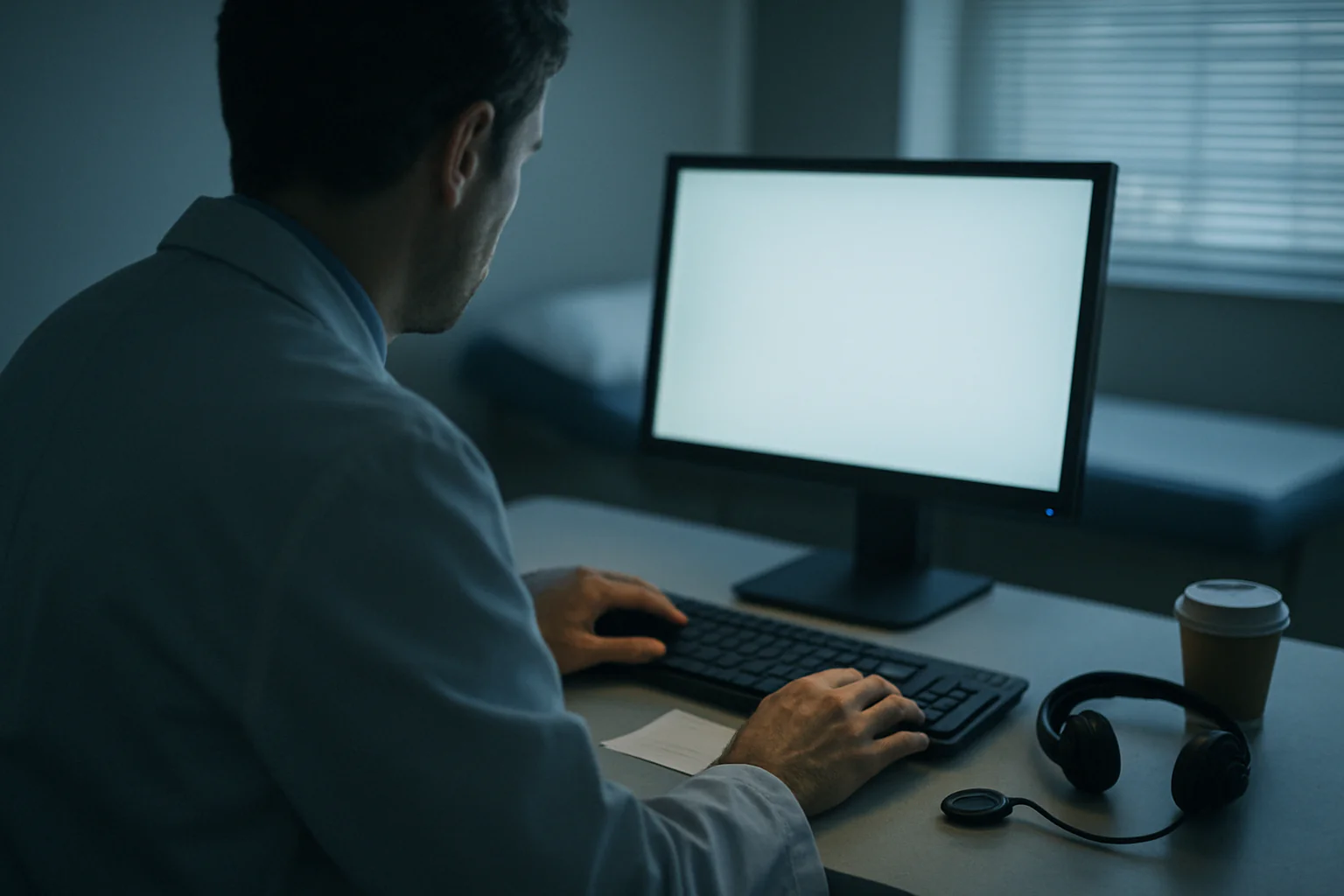 A clinician sits at a workstation after hours, reviewing a note with one hand on the keyboard and the other on a paper chart.