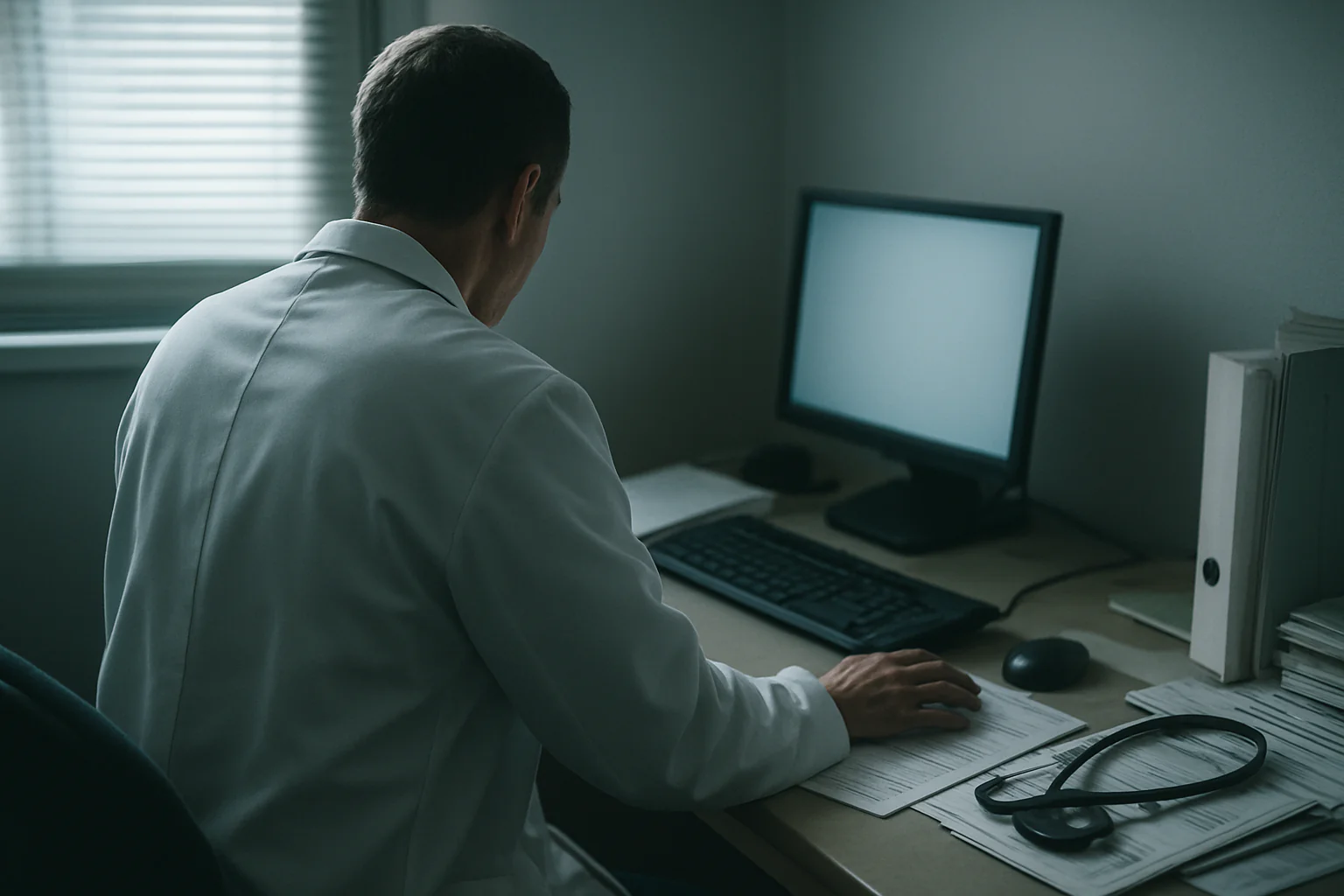 A physician works at a cluttered exam room workstation beside a softly glowing monitor and paper notes, captured in cool natural daylight.