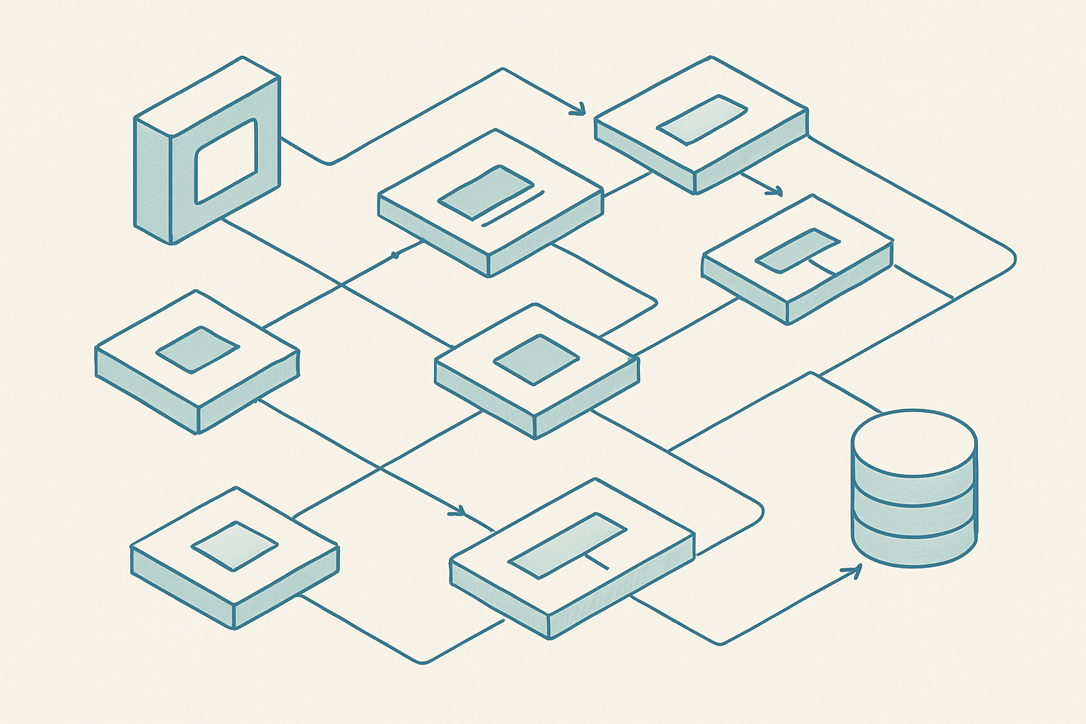 An isometric blueprint-style schematic showing connected modules for telehealth intake, routing, escalation, and record synchronization on a pale background.