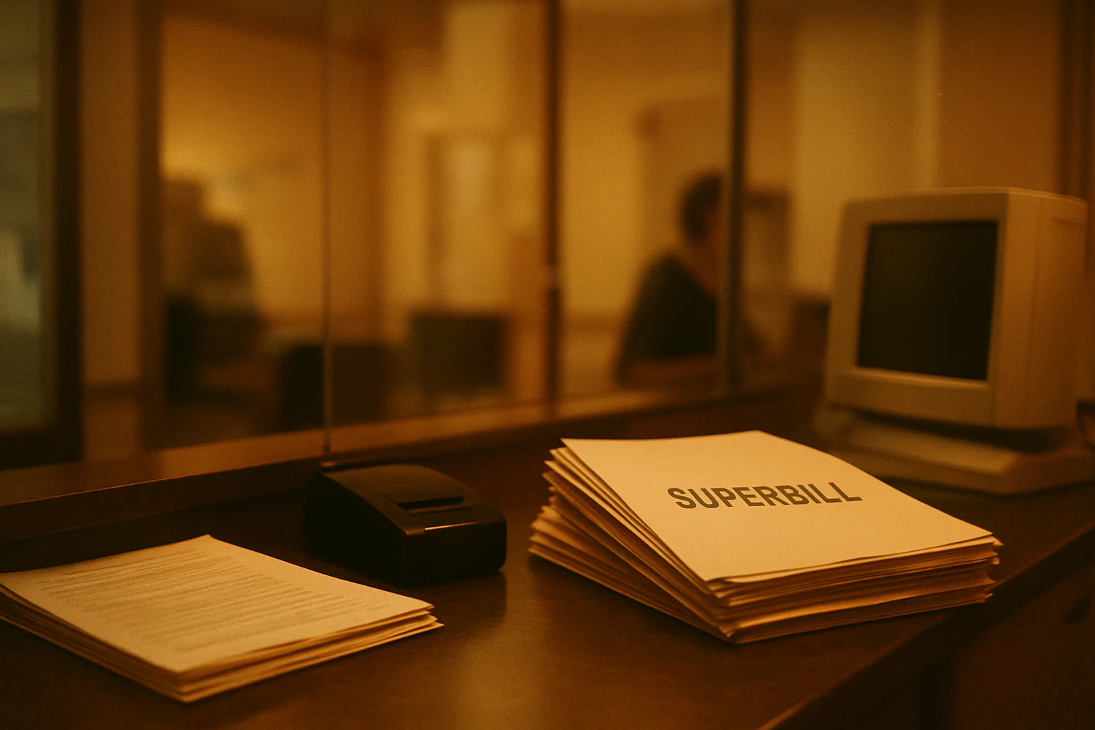A quiet outpatient checkout desk with paper encounter forms, a scanner, and a softly glowing terminal in warm evening light.