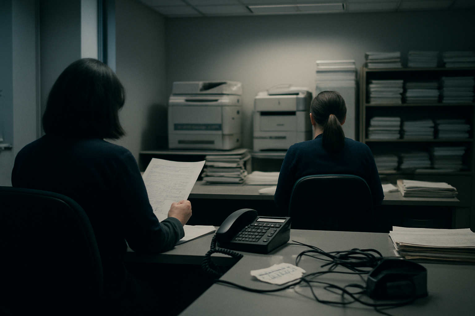 Two billing staff work in a back-office eligibility queue beside printers and stacked payer correspondence.
