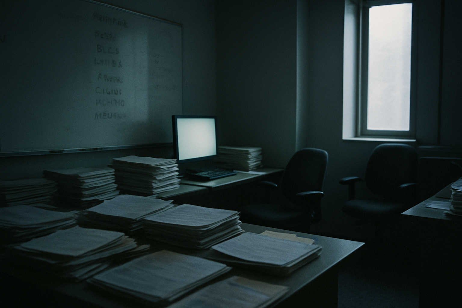 A dim revenue cycle workroom with payer notes, paper claims, and a soft window light over an empty desk.