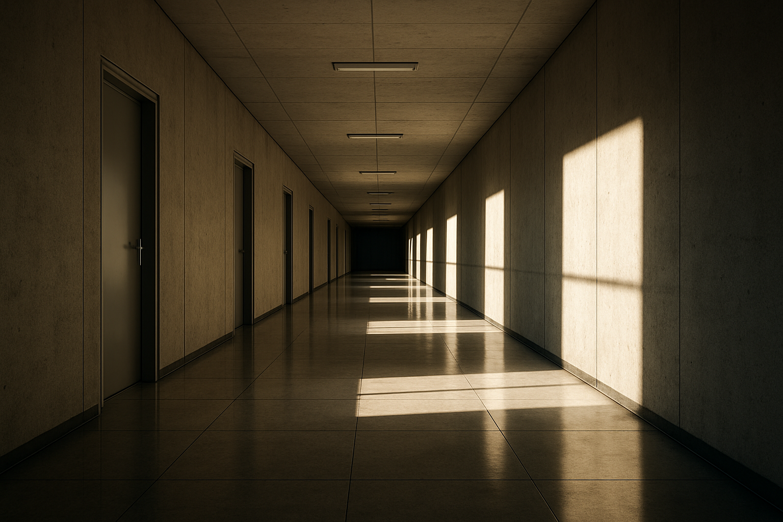 An empty geometric hospital corridor with hard sunlight, deep shadow, and strong concrete lines.
