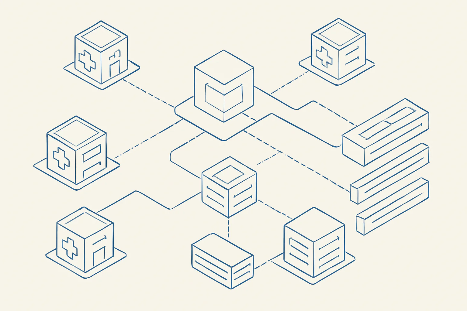 An isometric blueprint-style schematic shows a connected care coordination platform linking multiple hospital sites, task queues, and data flows.
