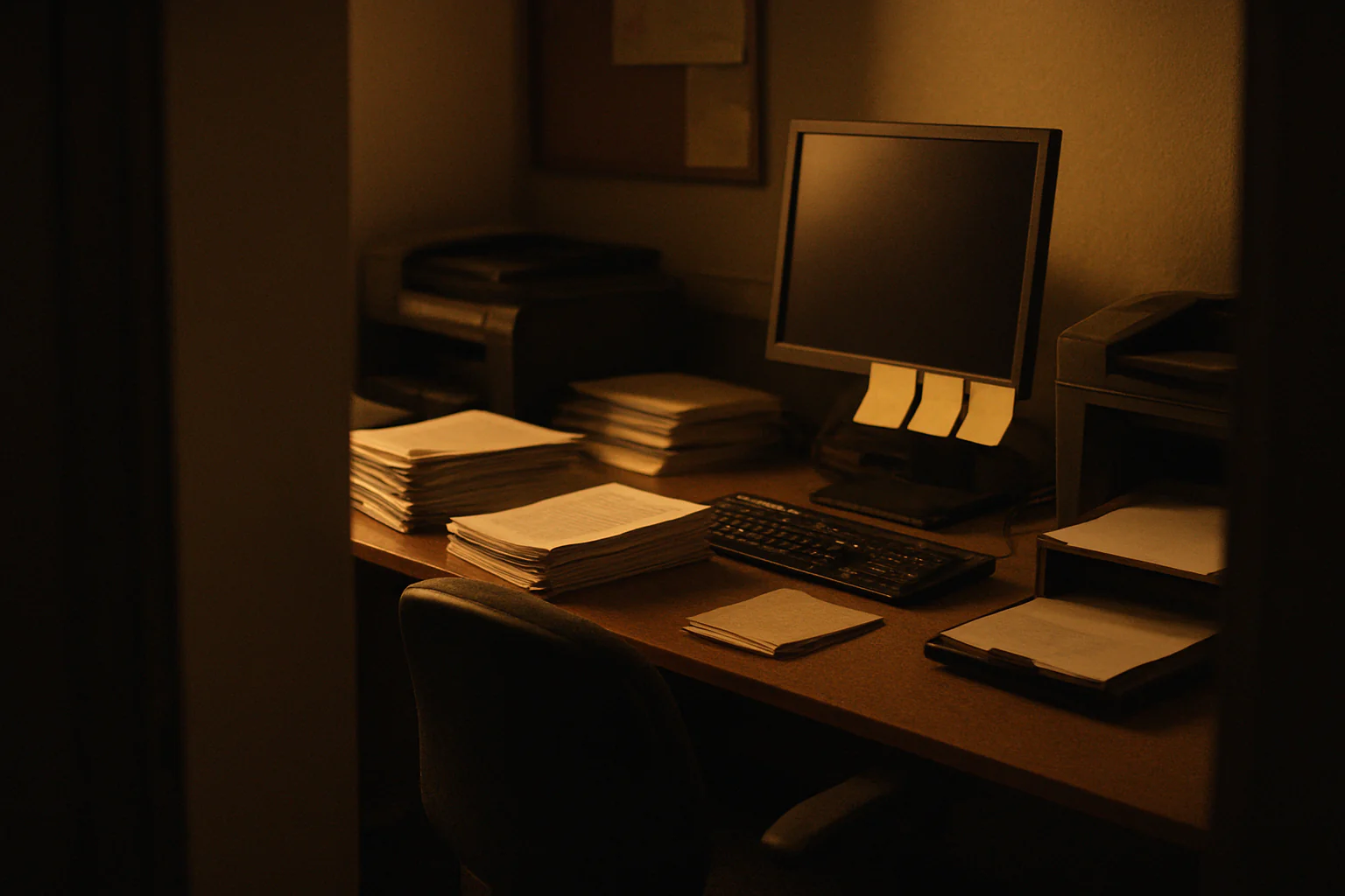 A dim claim operations desk with papers, a printer, and a monitor glowing softly in warm light.