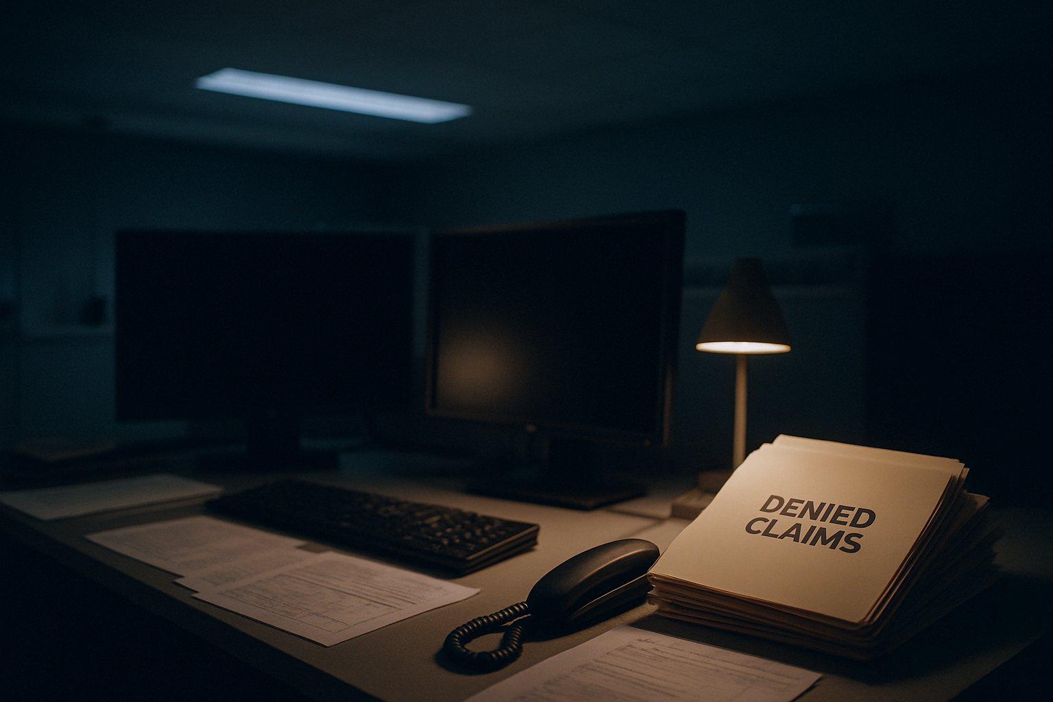 An after-hours billing desk with claim folders, printouts, and turned-away monitors under cool office light.