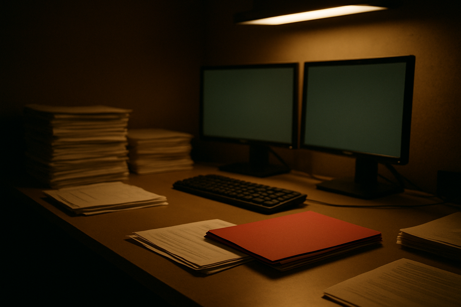 A billing workstation with glowing monitors, paper claim worklists, and one red folder on a desk in warm light.
