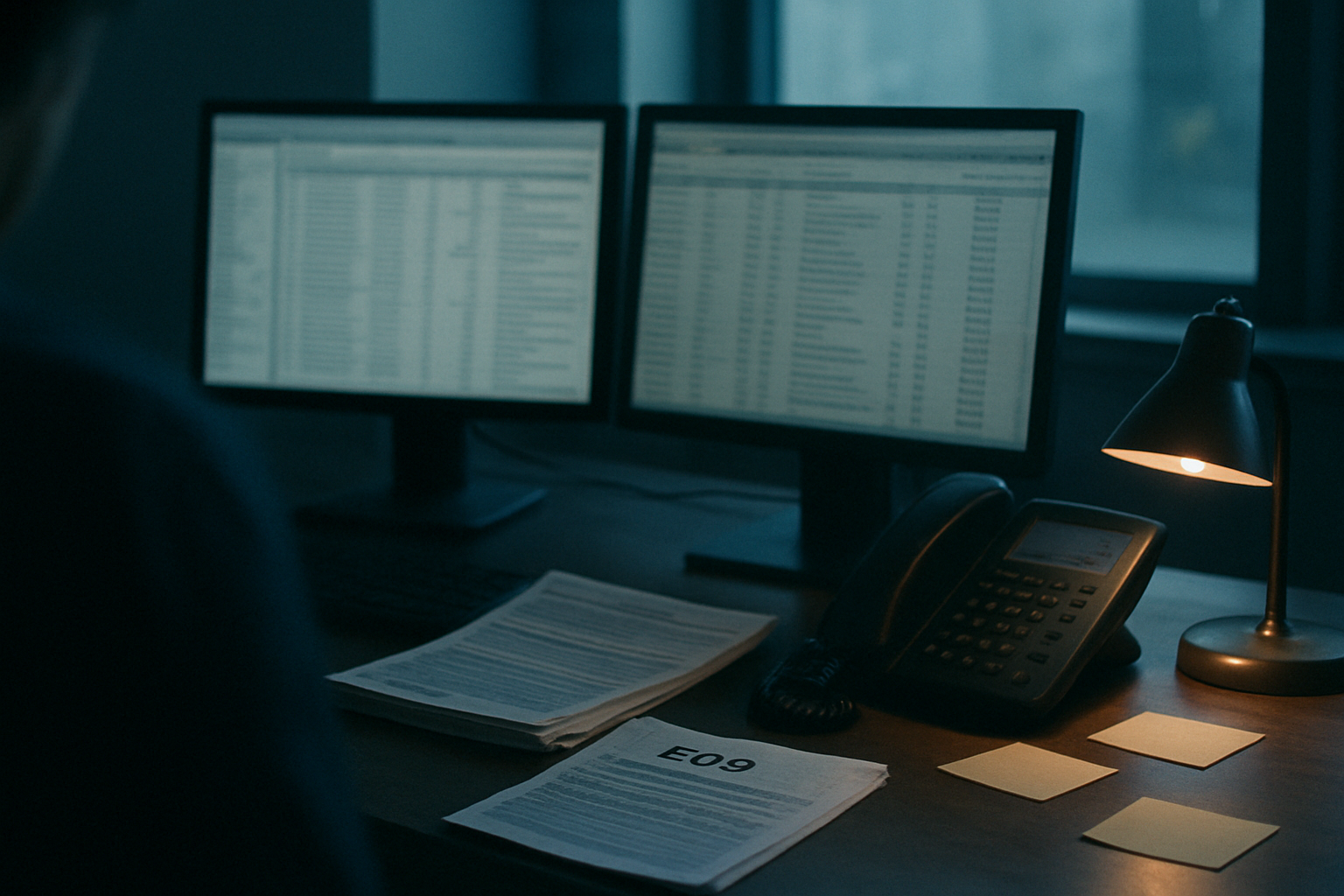 A billing workstation with claim work in progress, papers, monitors, and cool morning light.