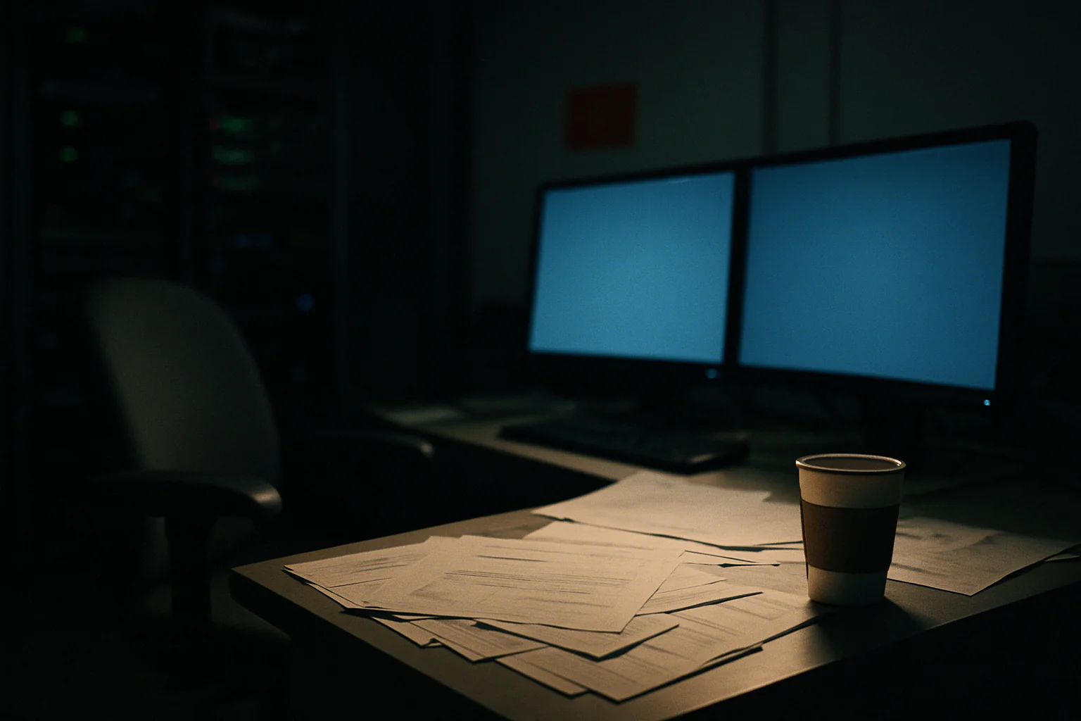 An engineer sits at a dim operations desk beside glowing monitors in a quiet hospital control room.