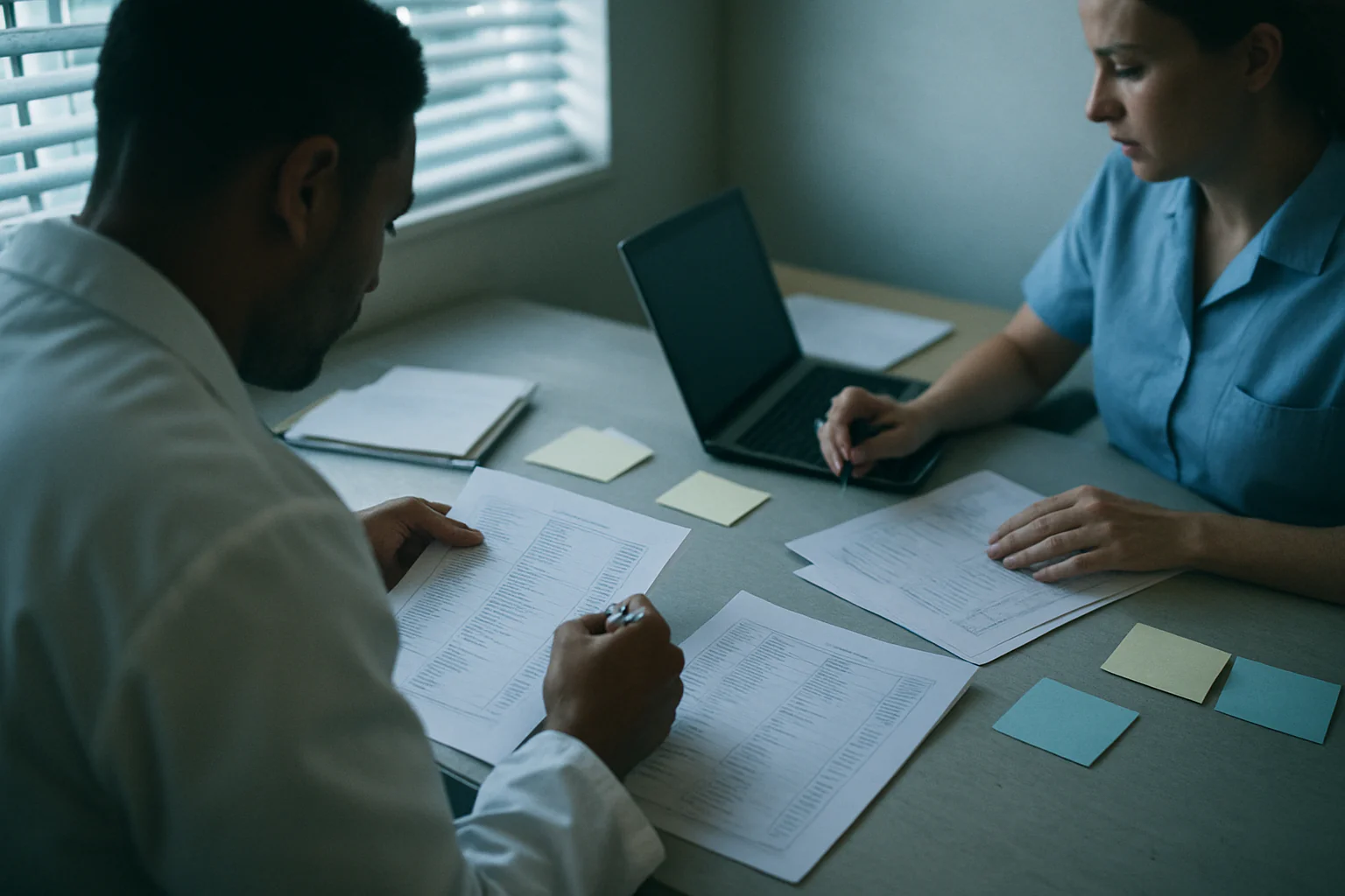 A candid over-the-shoulder scene of two healthcare workers reviewing care tasks in a modest office with cool daylight through blinds.