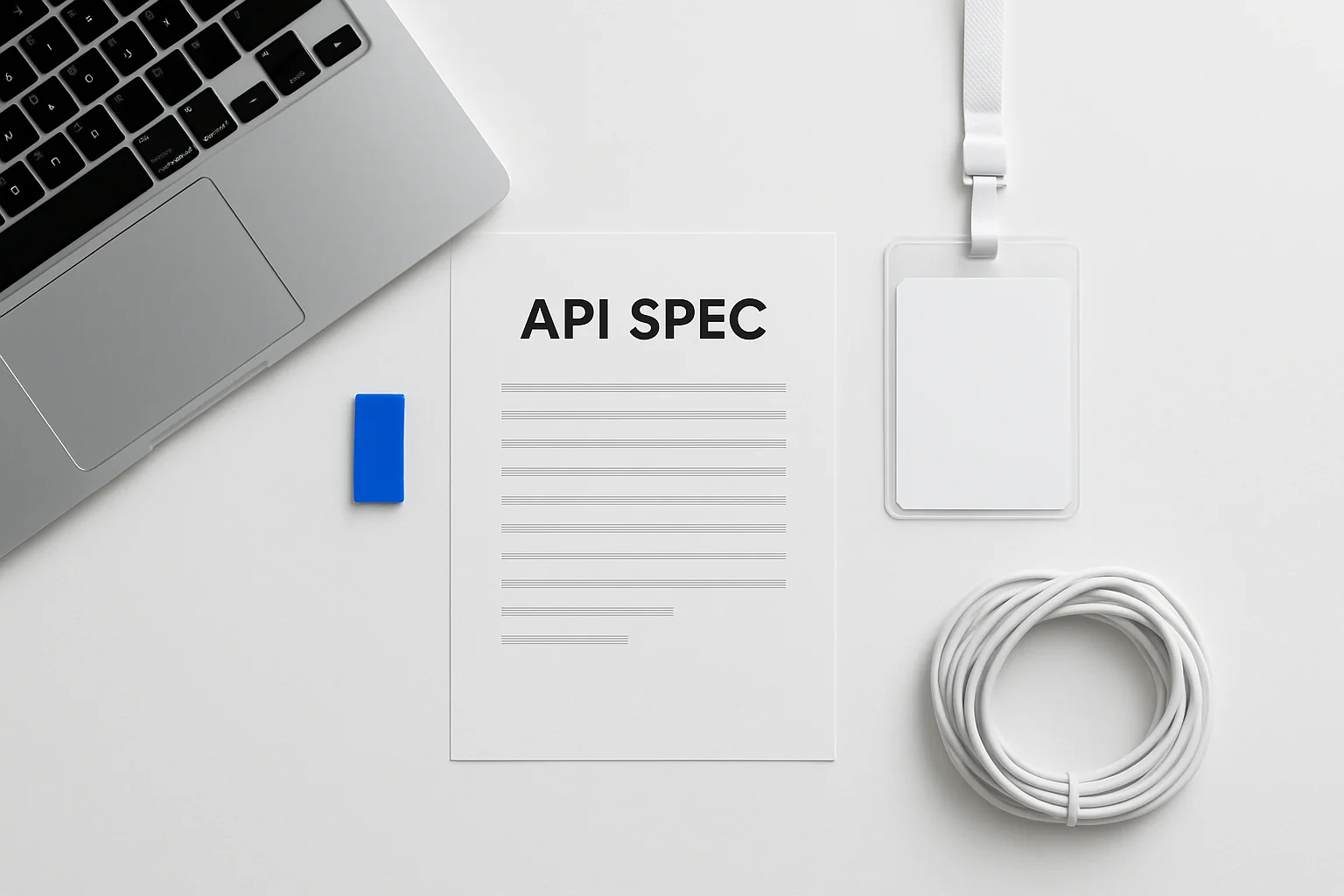 A clean white studio still life shows a paper API spec, cable bundle, laptop edge, and one cobalt blue accent object in soft even light.