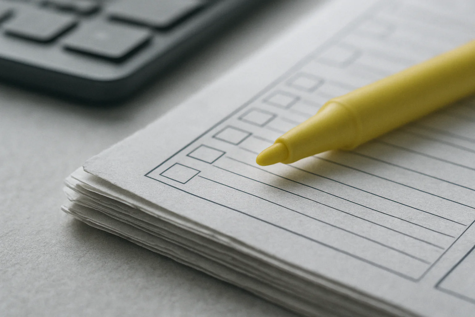 A close-up of a printed clinical order set packet beside a keyboard, with checkbox grids and paper texture in soft daylight.