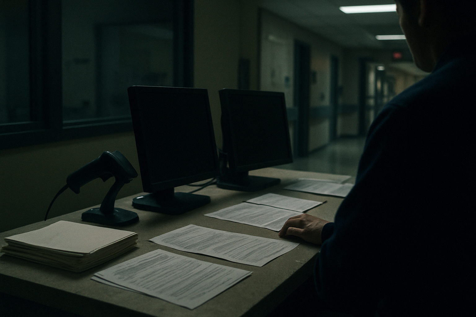A worn revenue cycle desk with denial letters, claim worklists, and two monitors in cool office light.
