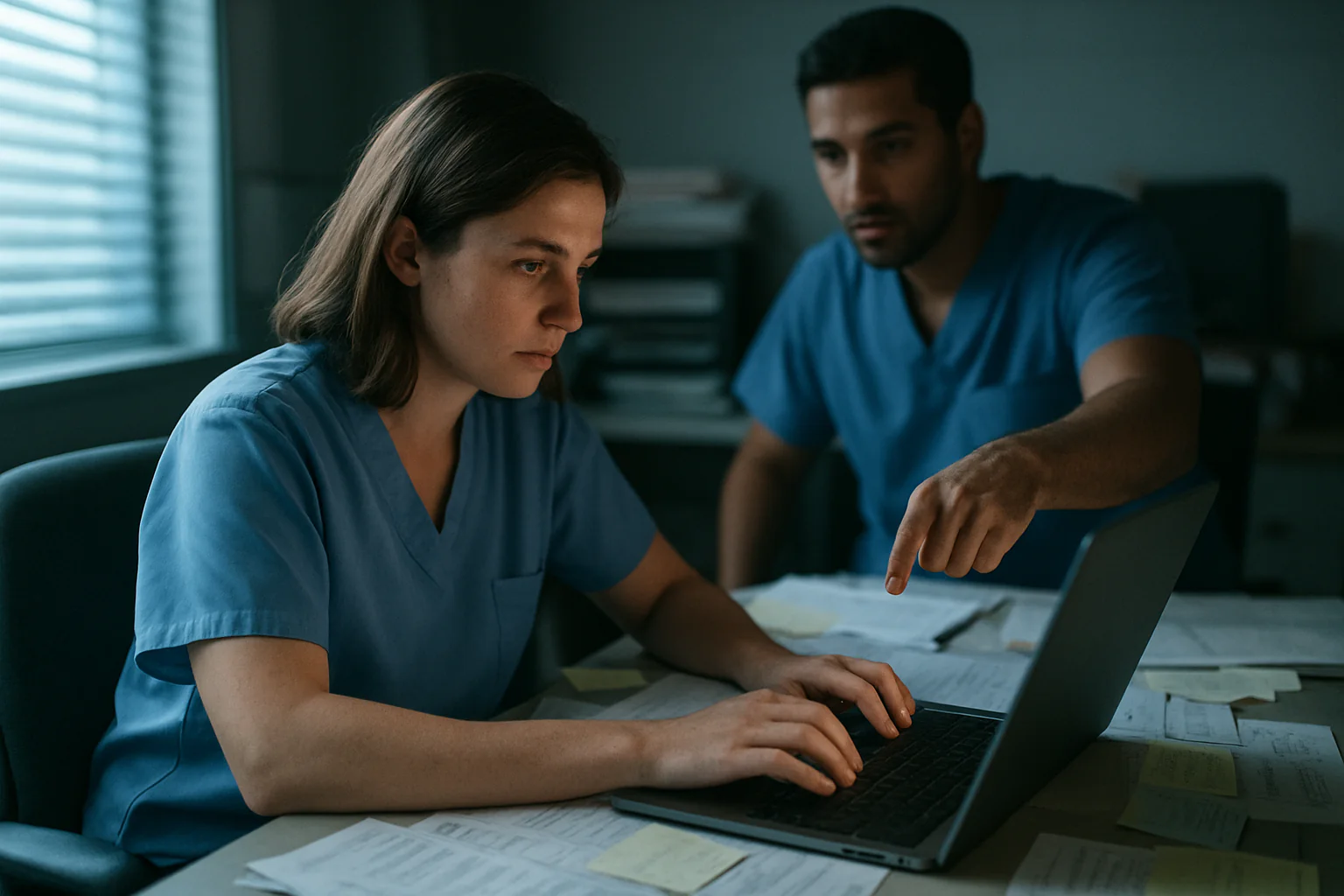 Two healthcare operations staff review a worklist at a cluttered desk in a softly lit office.