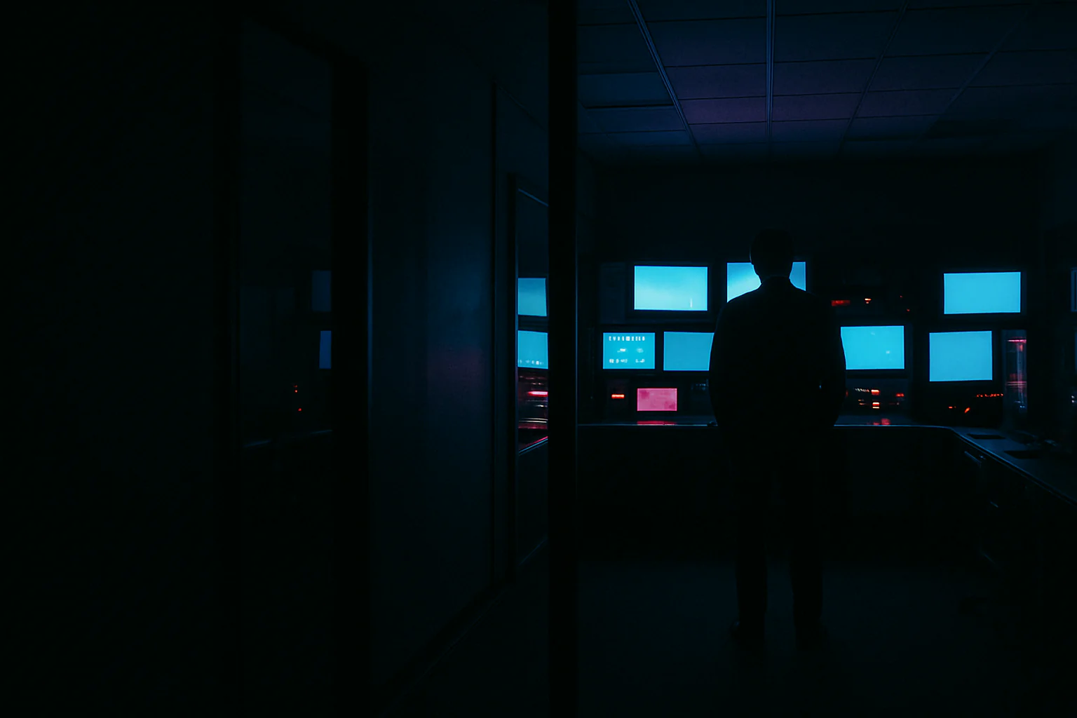 A dark after-hours healthcare operations room lit by monitor glow and indicator LEDs, with one silhouetted figure near the equipment.