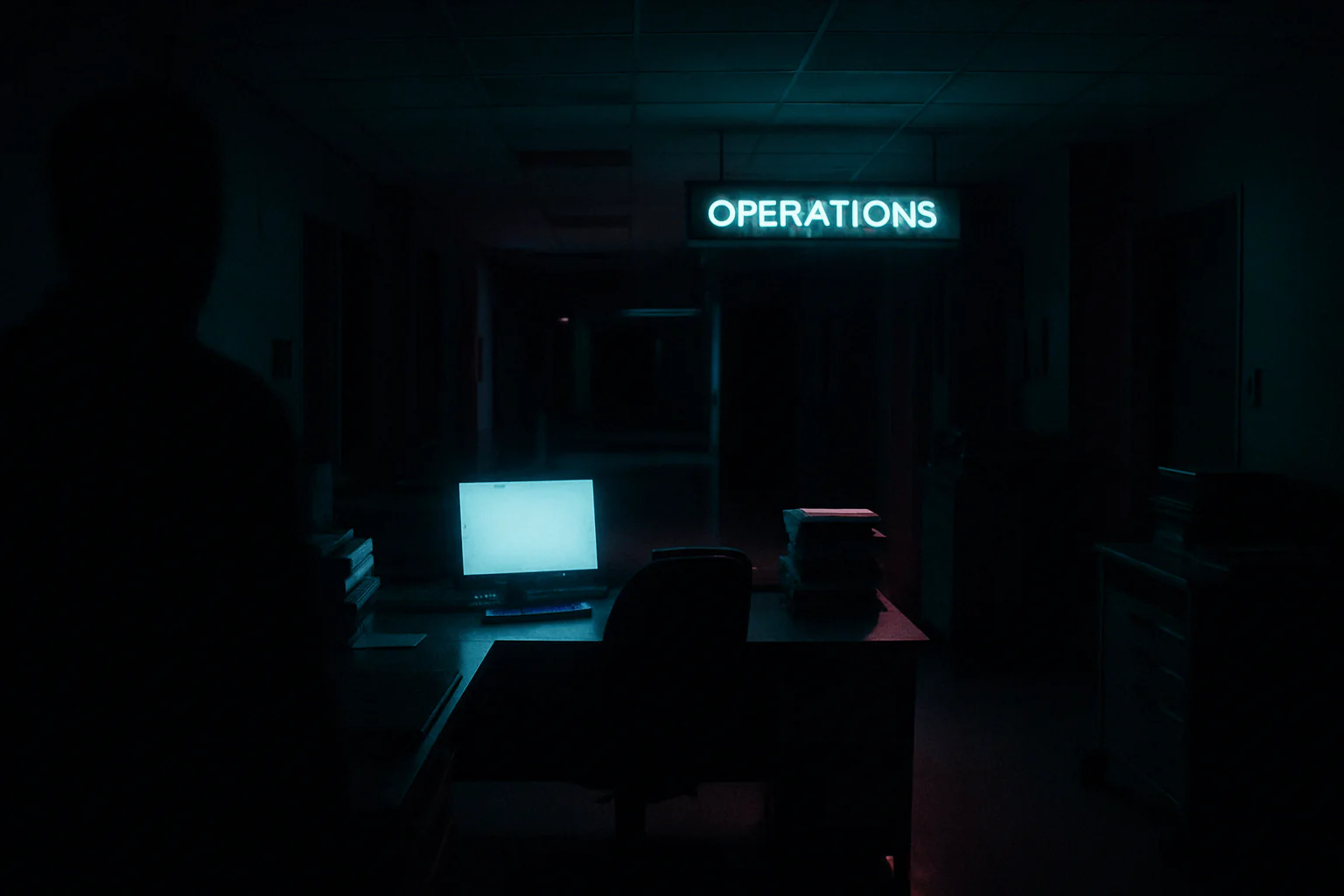 A dim clinic operations room at night is lit by monitor glow and corridor light, with empty desks, reflected color, and deep shadow.
