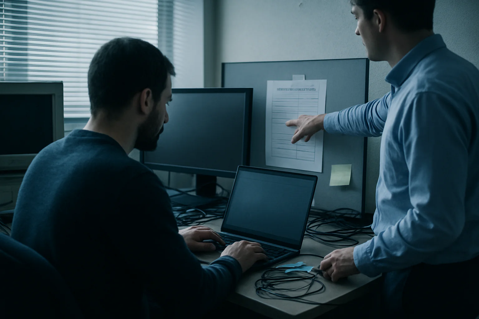 Two engineers review a cutover checklist beside a legacy workstation in a cool, daylight-lit operations room.