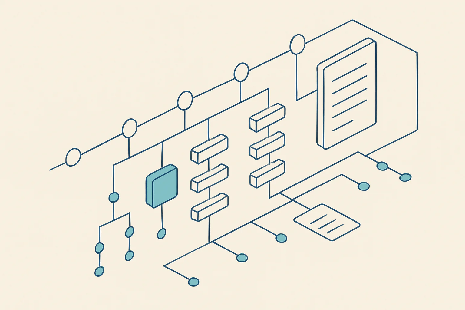 A clean isometric technical diagram showing connected FHIR resource groups arranged along a patient timeline.