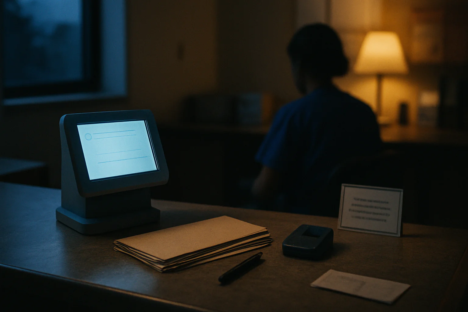 A billing desk with a glowing patient portal terminal, paper statements, and a card reader in soft mixed light.