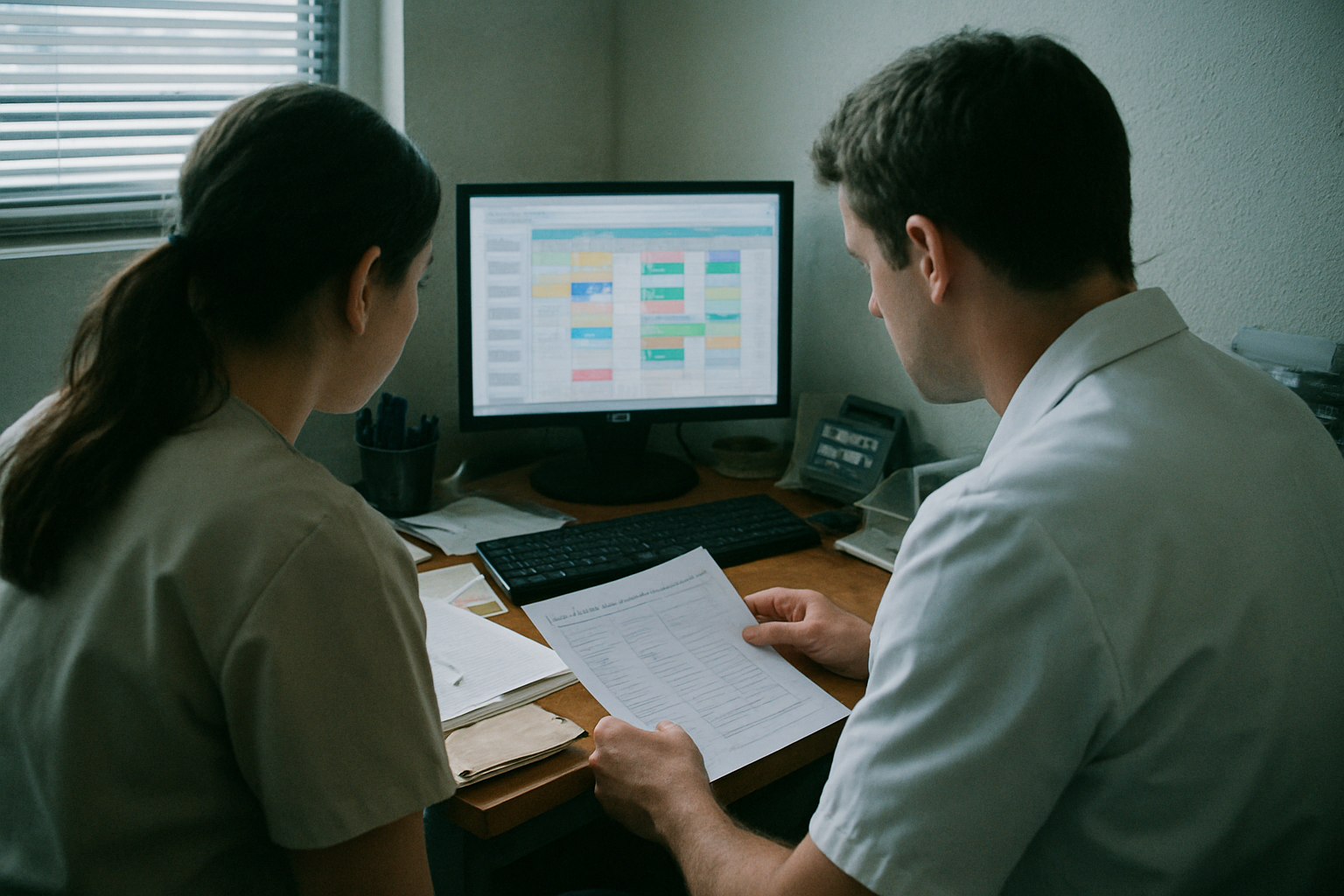 Two clinic staff members work over a desk near a window with cool daylight, captured in an unposed documentary style.
