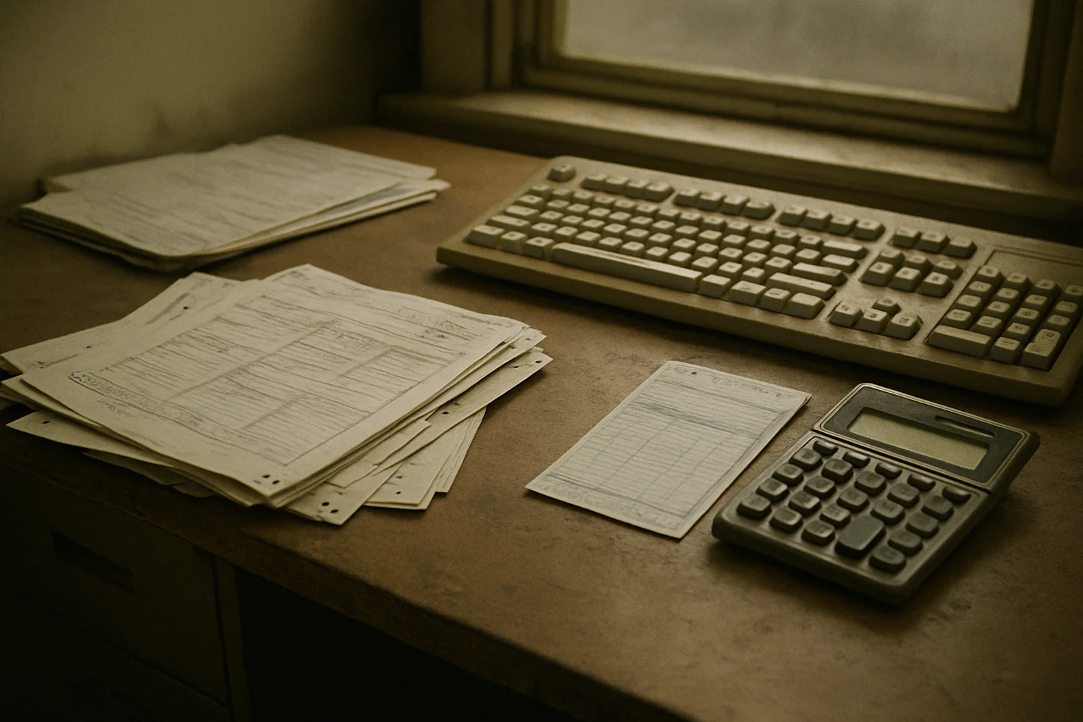 A billing desk with remittance pages, a calculator, and deposit paperwork under soft office light.