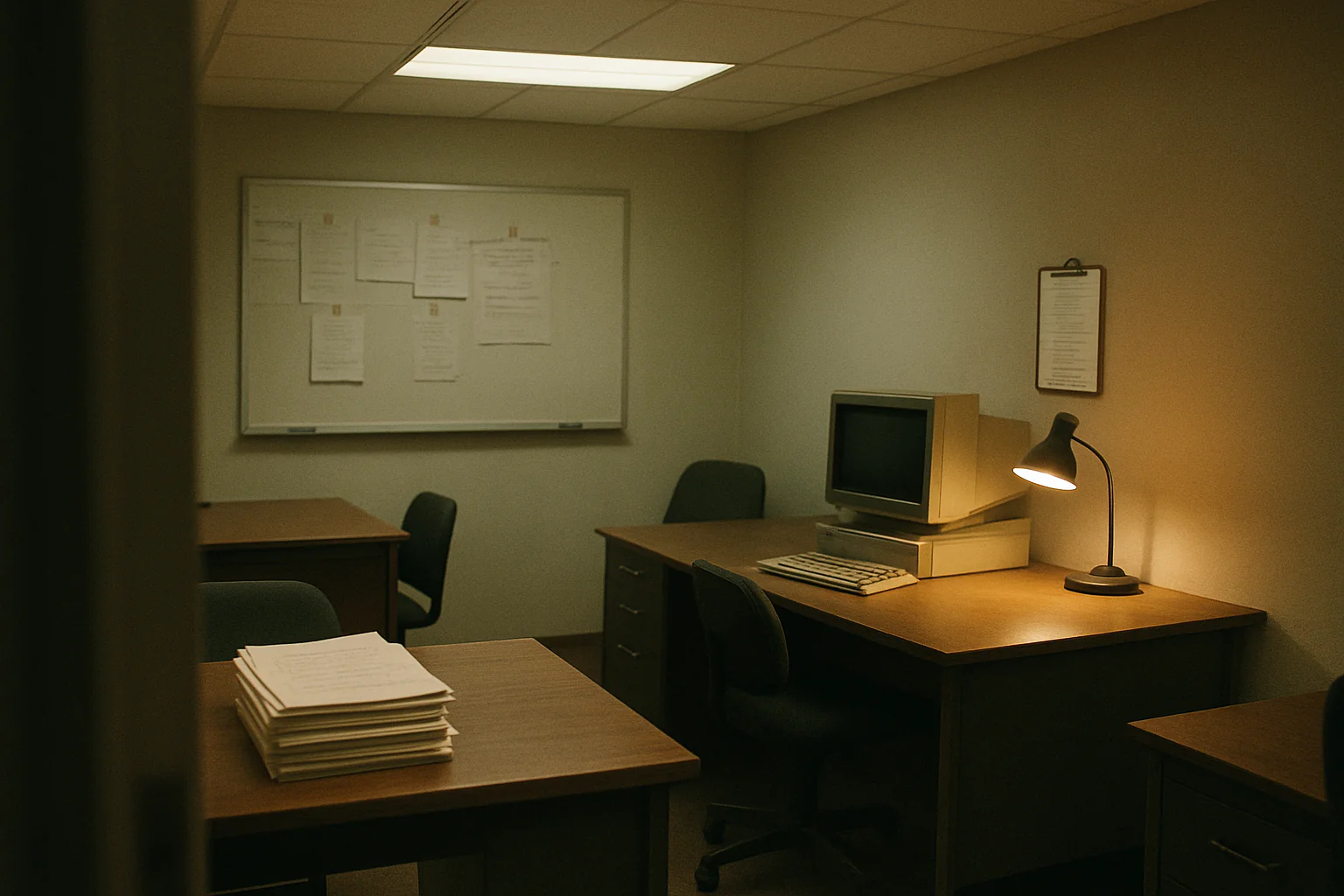 An empty billing office shows printed denial reports, an old terminal glow, and a migration checklist beside a warm desk lamp.