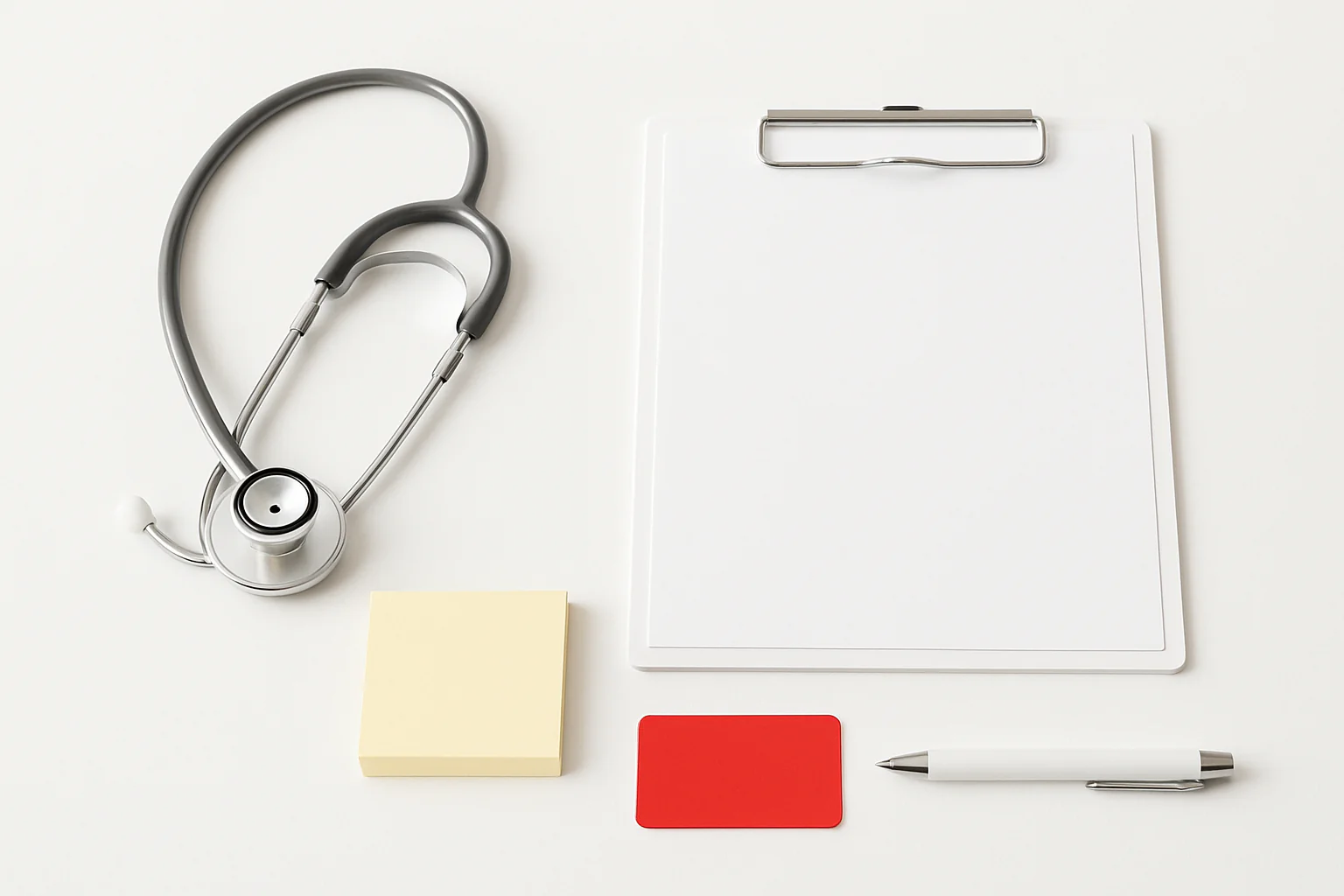 A bright studio still life with a stethoscope, clipboard, pen, and a single vivid red accent arranged on a pale seamless surface.