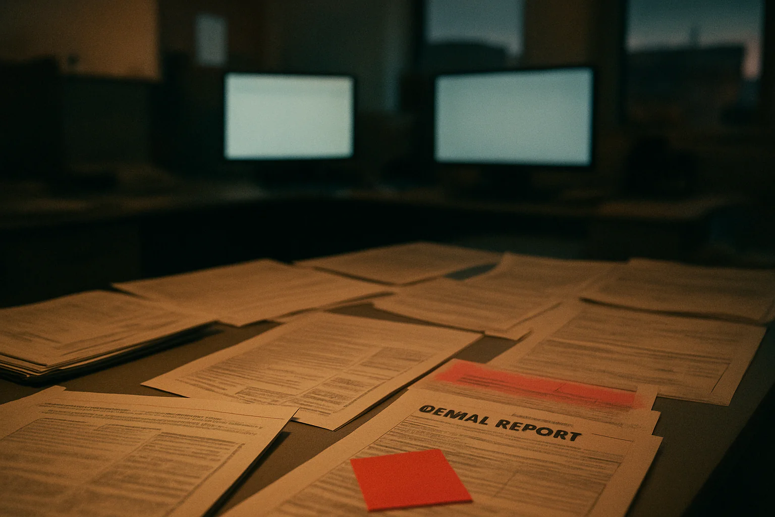A dim revenue cycle workspace with denial reports on a desk and a single red sticky note beside glowing monitors.
