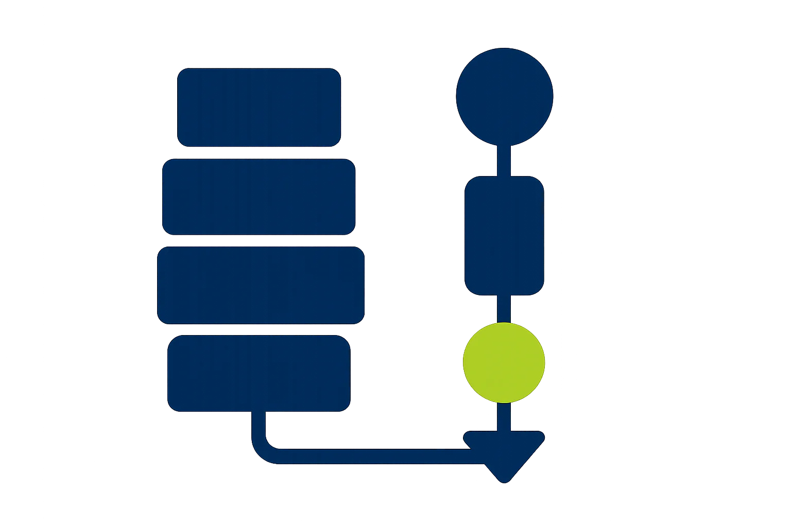 A flat vector infographic with navy and white geometric blocks and one lime accent shows a compliance flow with wide empty space.