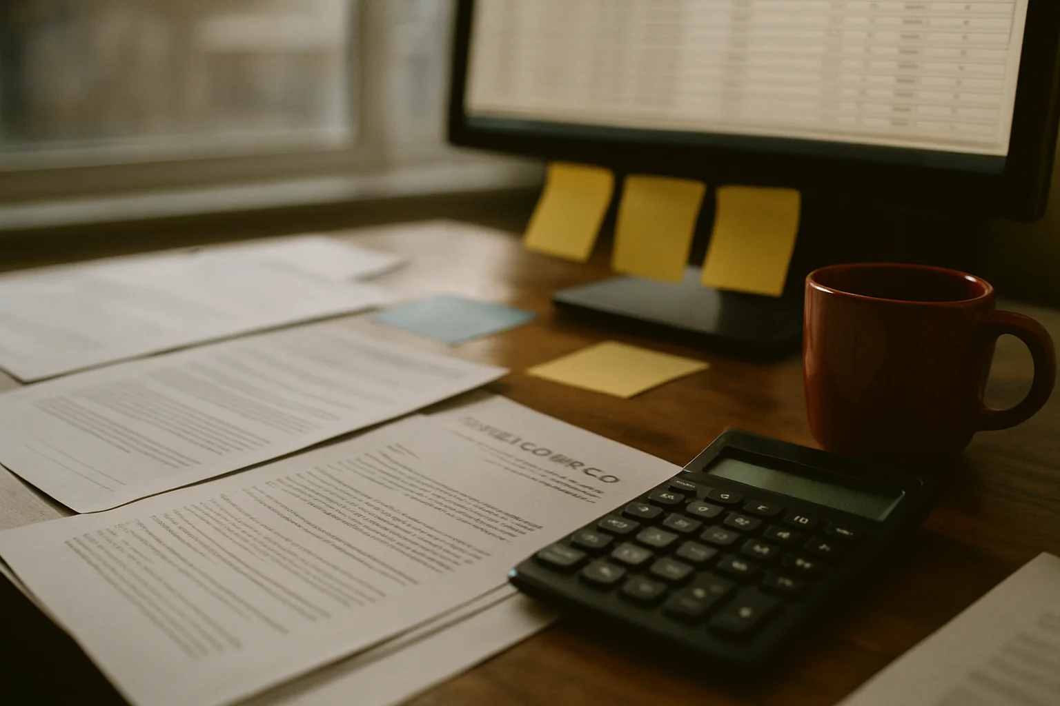 A desk with payer contracts, a calculator, and an out-of-focus monitor in a revenue cycle office.