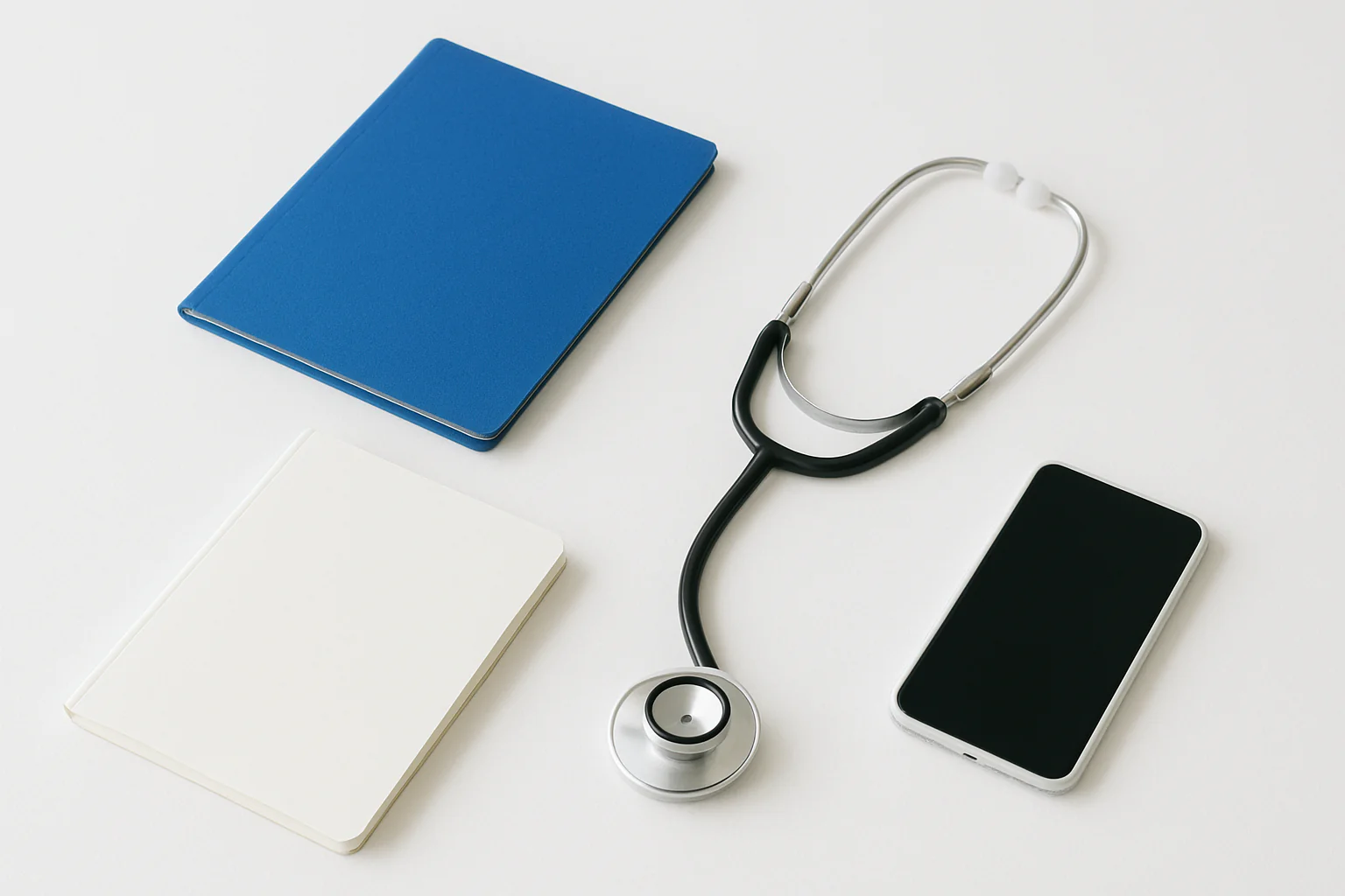A bright studio still life shows a notebook, stethoscope, smartphone, and a blue folder arranged on a white seamless surface.