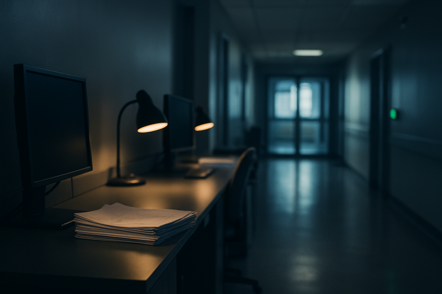 An empty hospital back-office corridor with dim workstations and scattered payer paperwork after hours.