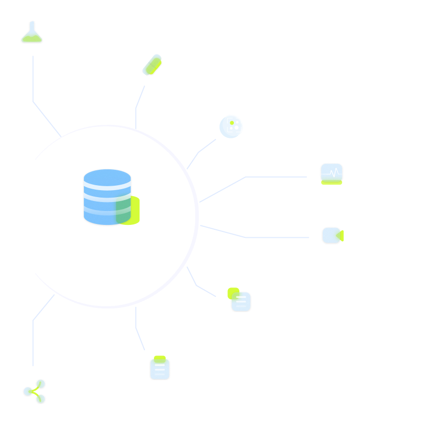 An EHR/EMR platform at the center, connected outward to laboratory, pharmacy, imaging, medical devices, telehealth, patient portals, billing and health information exchange systems
